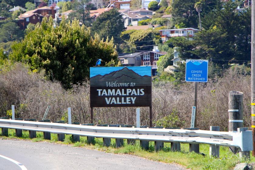 Road sign on Shoreline Highway in southern Marin County says Tamalpais Valley.