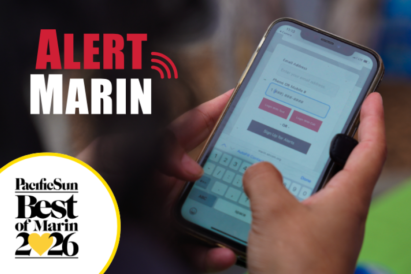 Alert Marin sign-up on a smartphone with a Best of Marin 2026 badge.