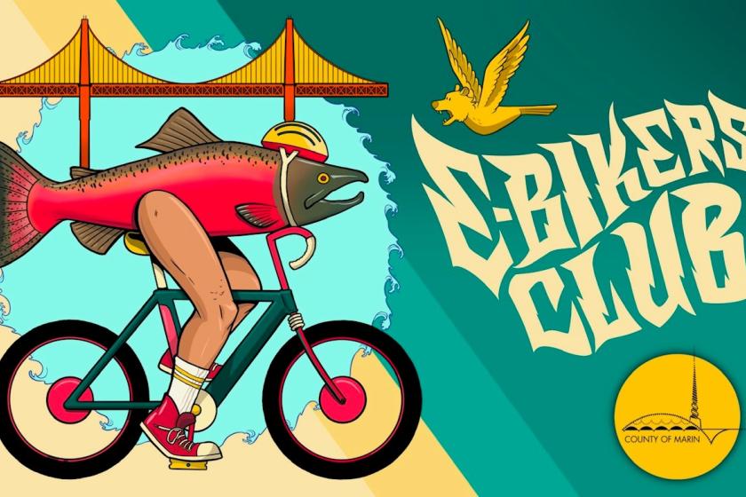 Artistic graphic promoting the E-Bikers Club has images of a fish riding a bicycle and the Golden Gate Bridge.