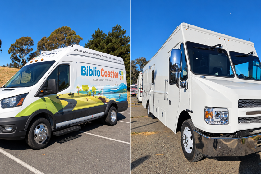 The side-by-side image features two County of Marin mobile service vehicles parked outdoors under clear blue skies.