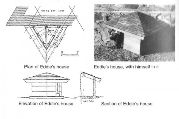 Doghouse plans and a photo of a wooden doghouse with Eddie, the dog, inside.