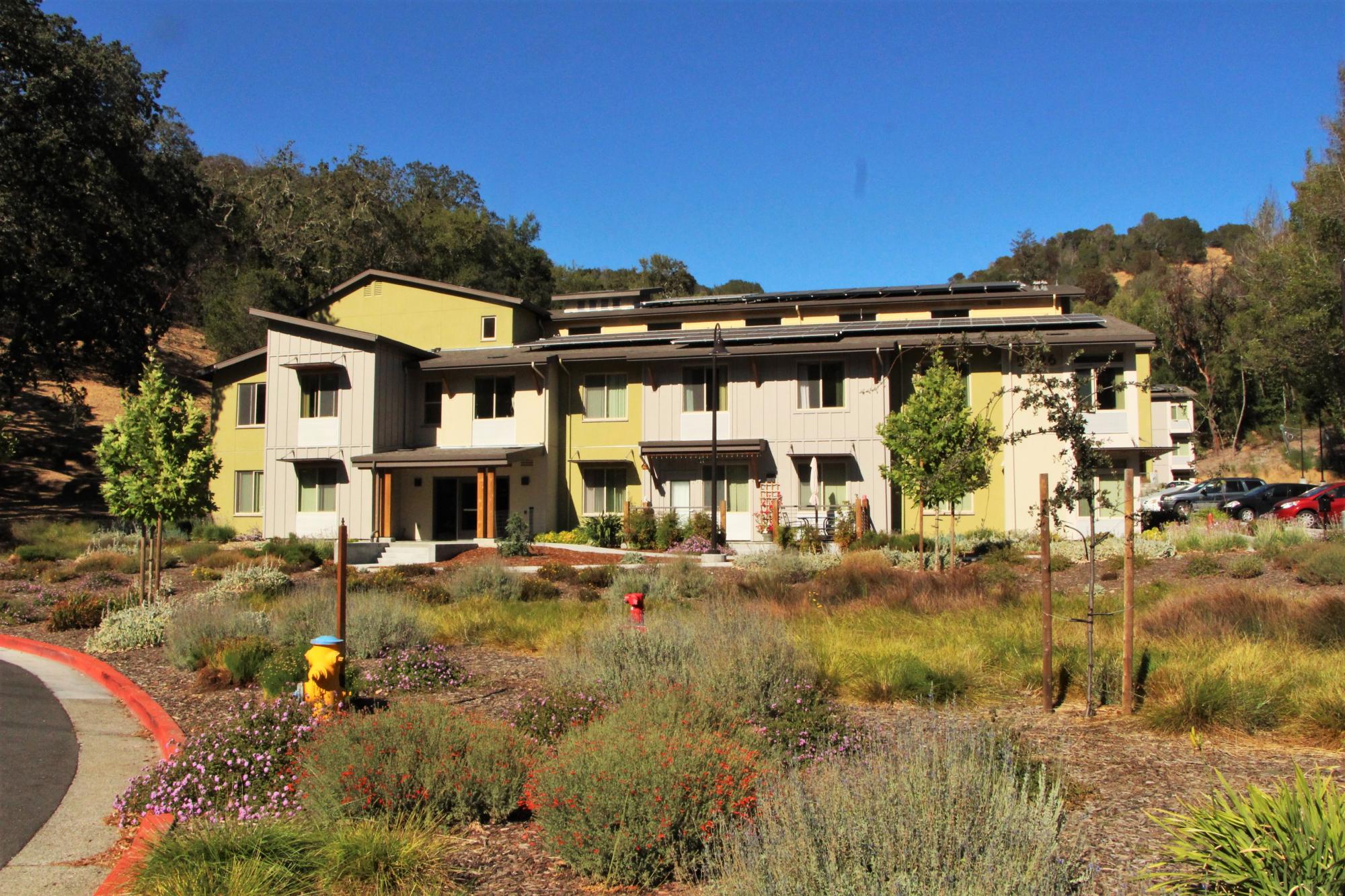 Two story multi-unit building surrounded by vegetation.