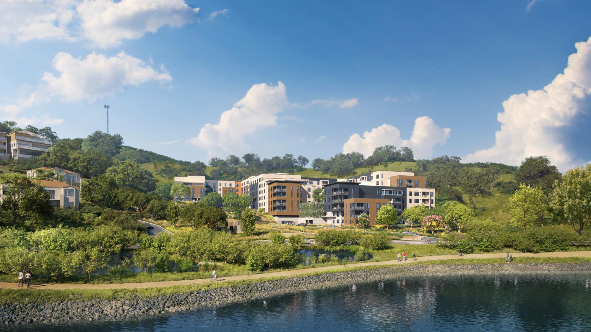 Artistic rendering of large apartment complex near the bay front.
