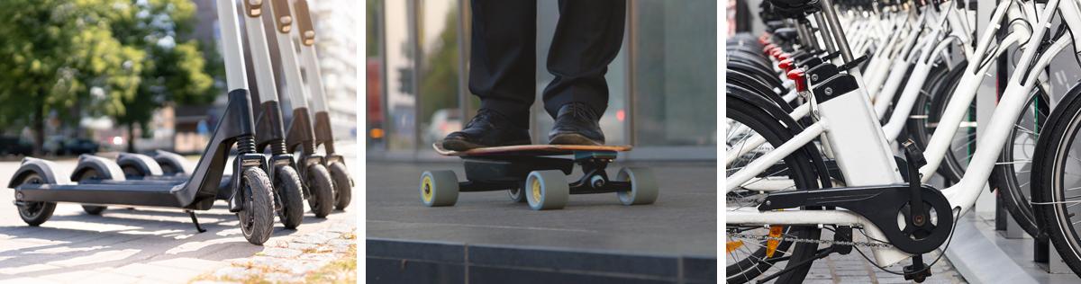 Micromobility electric vehicles left to right: electric scooters (left), electric skateboards (center), and e-bikes (right).