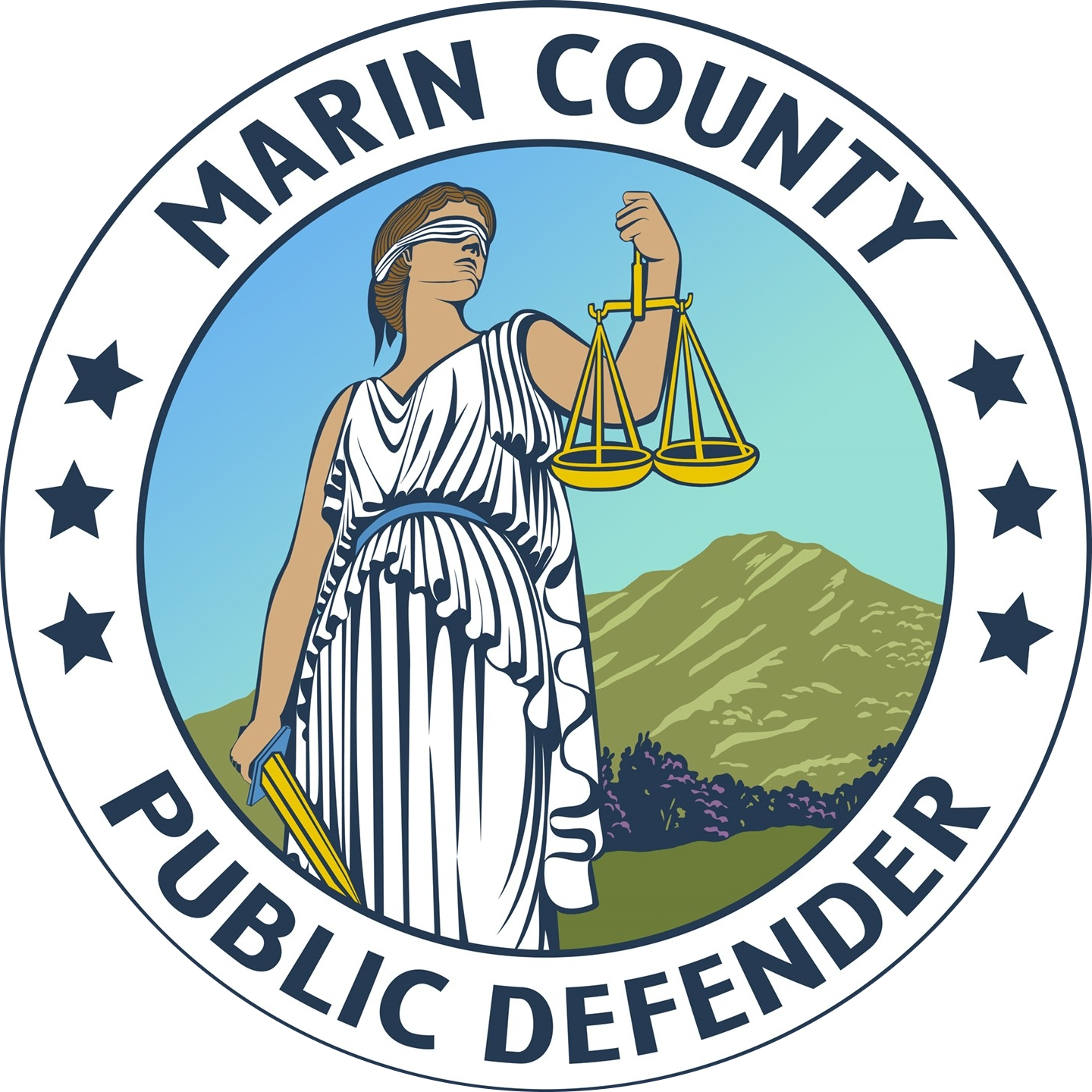 Marin County Public Defender logo, woman holding scales.