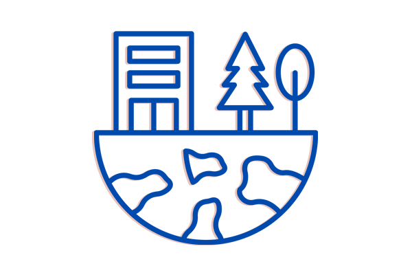Icon of a earth sphere with a building and two trees on top.