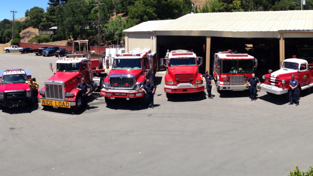 Six fire trucks outside of Woodacre Fire Station