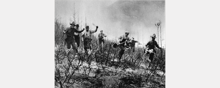 A crew of seven firefighters holding hand tools run through low brush. Black and white photo.