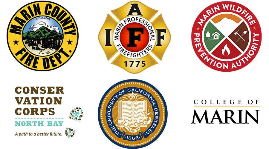 A grid of logos of the FIRE Foundry Program Partners. The logos are for the Marin County Fire Department, Marin Professional Firefighters, Marin Wildfire Prevention Authority, Conservation Corps North Bay, University of California Berkeley, and College of Marin.