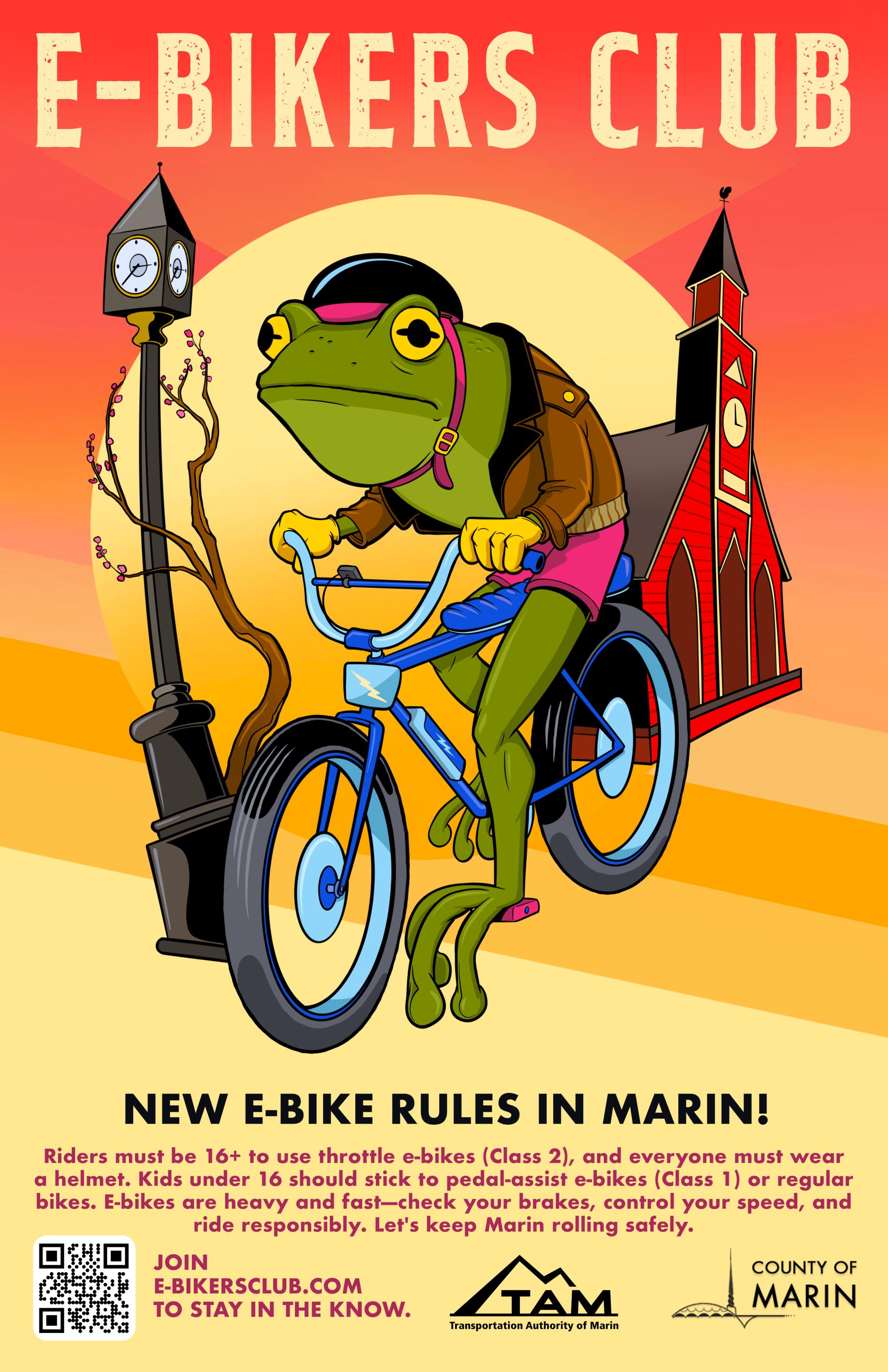 E-bikers club poster in Novato with frog - english