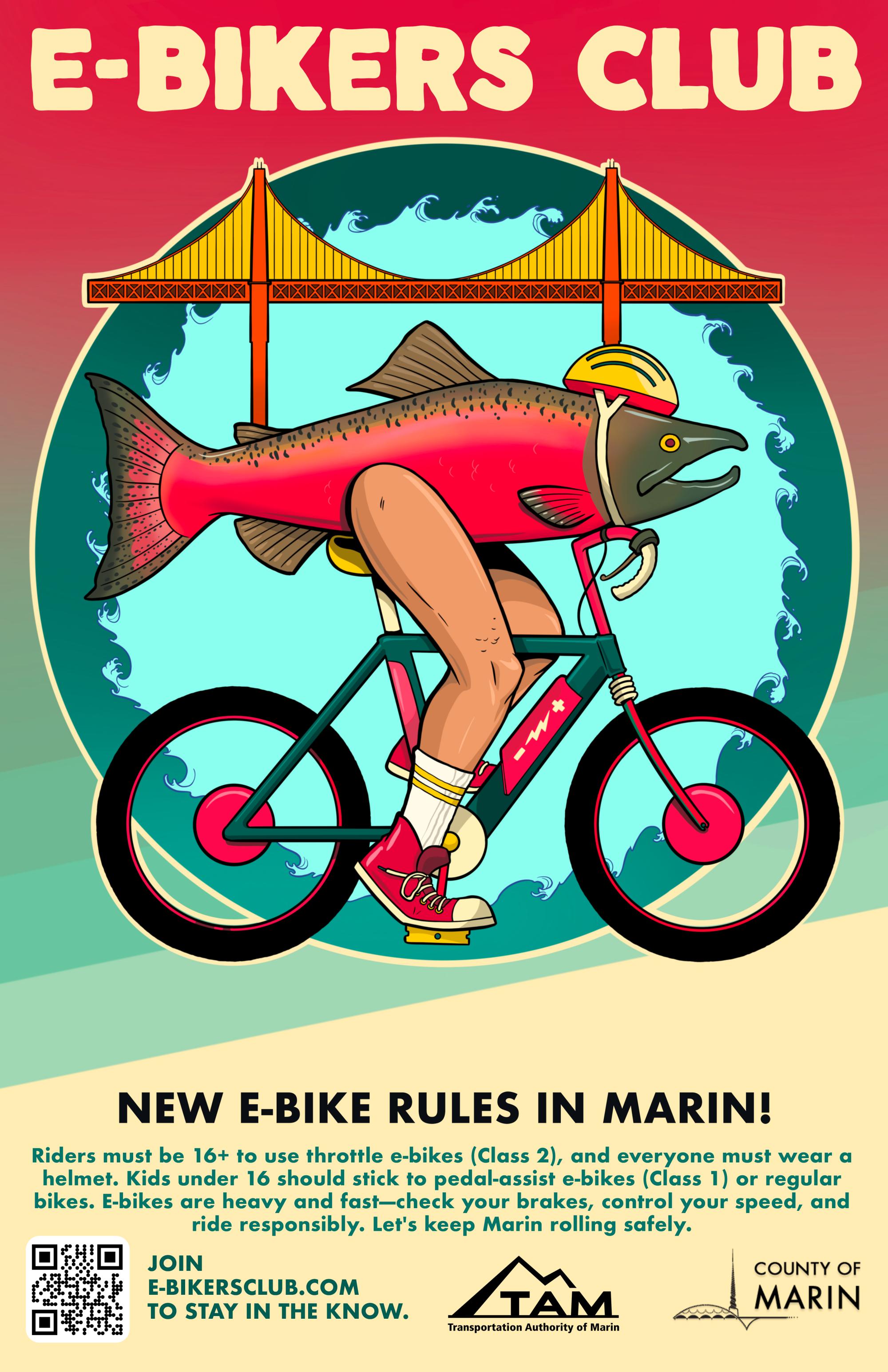 E-bikers club poster salmon under bridge - english