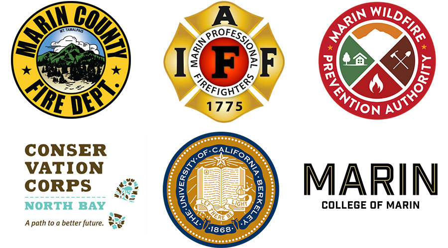 A grid of logos of the FIRE Foundry Program Partners. The logos are for the Marin County Fire Department, Marin Professional Firefighters, Marin Wildfire Prevention Authority, Conservation Corps North Bay, University of California Berkeley, and College of Marin.