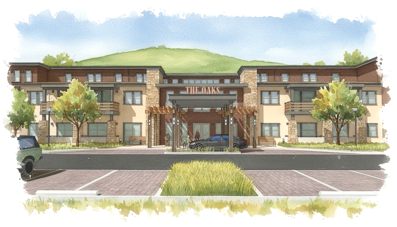 The Oaks Senior Living watercolor rendering.