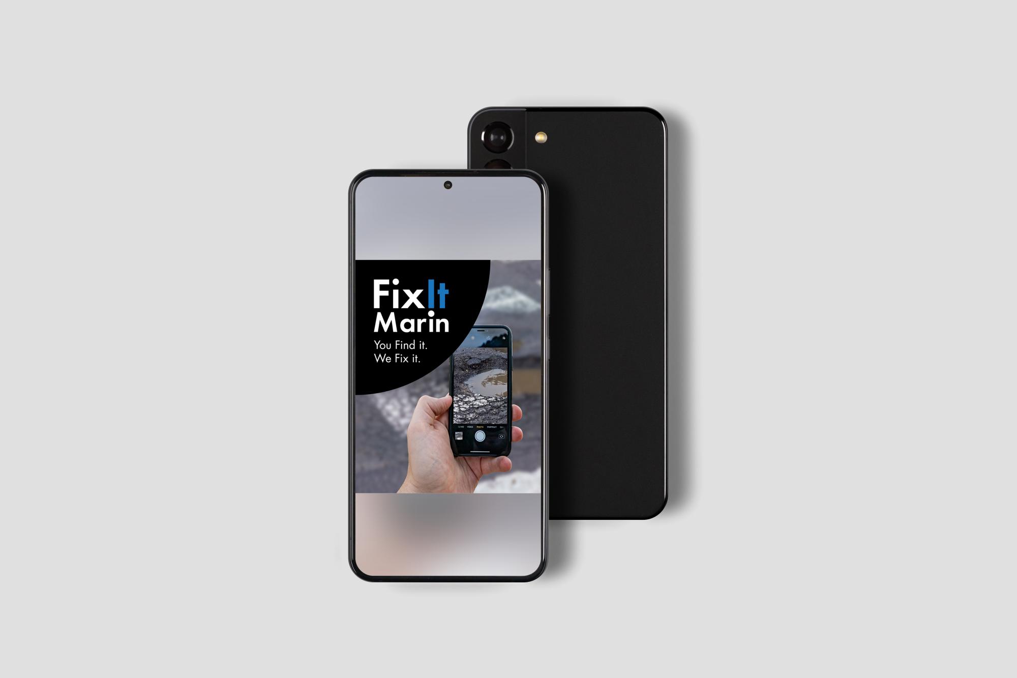 Smartphone mockup displaying FixIt Marin app promotional artwork.