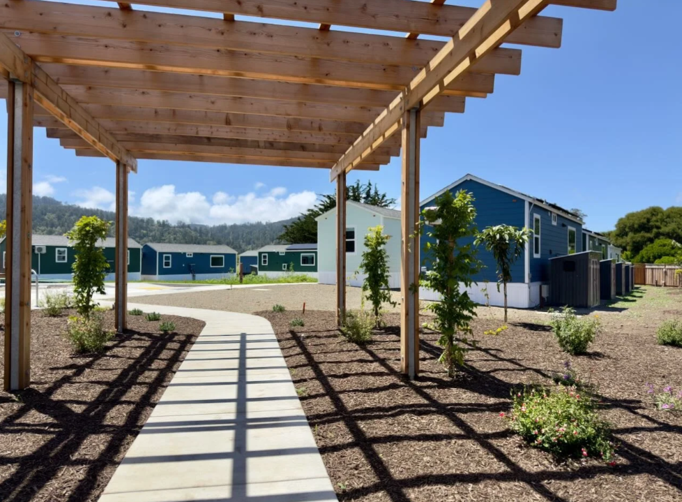View from beneath a wood pergola of a new tiny home community (100 6th Street). Several painted manufactured homes are arranged around a common area with new landscaping and paths.