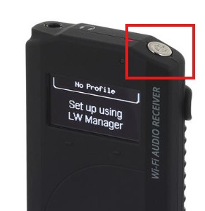 Top of a Listen tech Wi-Fi receiver. The power button is highlighted.