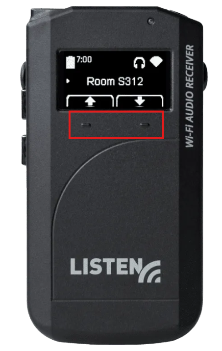 Front of a Listen tech Wi-Fi receiver. Two small buttons on the front are highlighted.