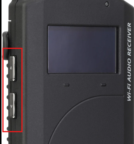 Side of a Listen tech Wi-Fi receiver. Two volume control buttons are highlighted.
