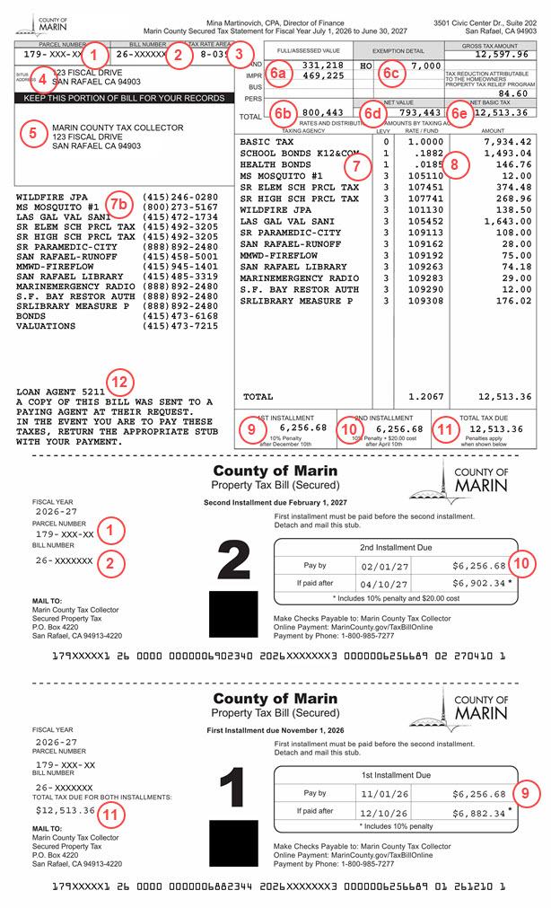 Example tax bill with numbers indicating different sections. Description of each section is listed in the table titled Description of the numbered bill sections.