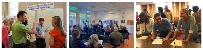 People discuss and plan their communities in three images. A man and woman stand before a wall in conversation. A man stands at the front of a seated audience. Youth commissioners smile as they stand over a table