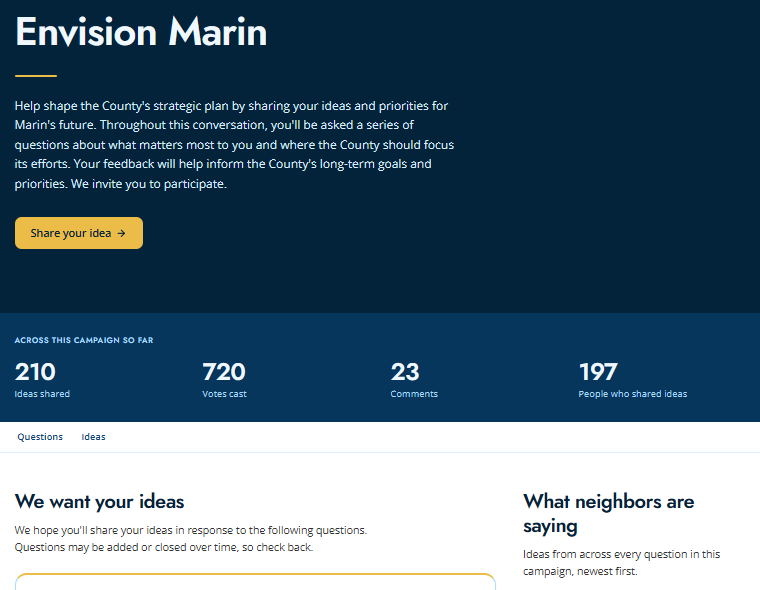 The Envision Marin Website, where people can submit ideas on the Countywide Strategic Plan -
