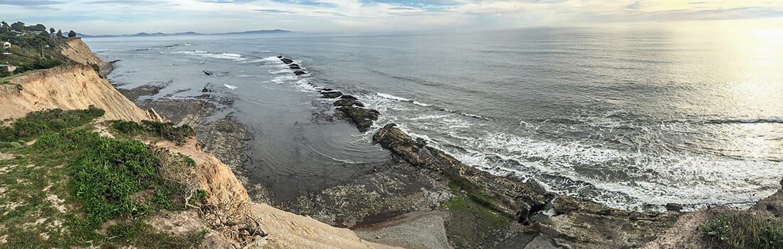 Arial view of Agate Beach from the cliffs above the ocean