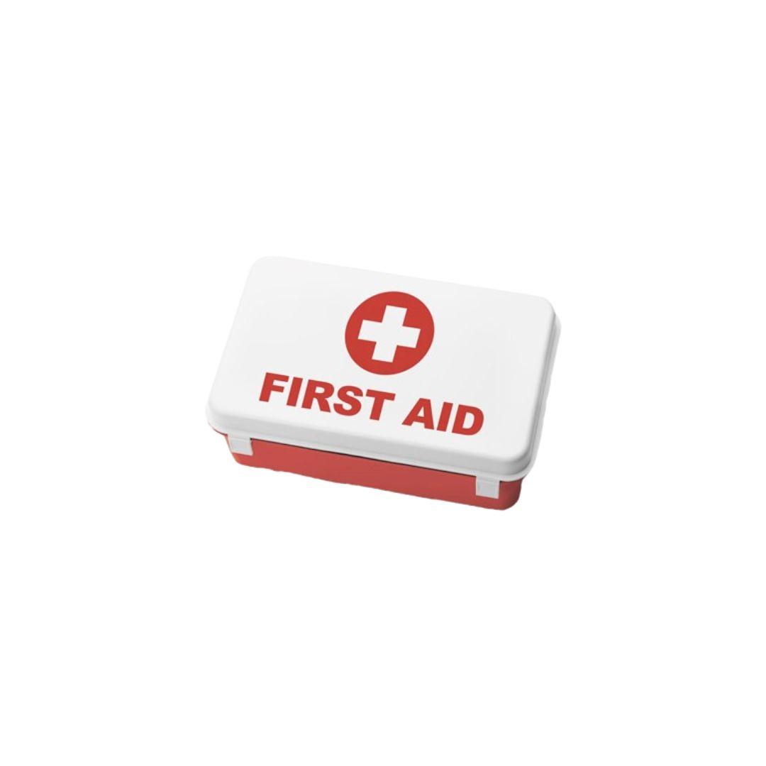 A red and white first aid kit.