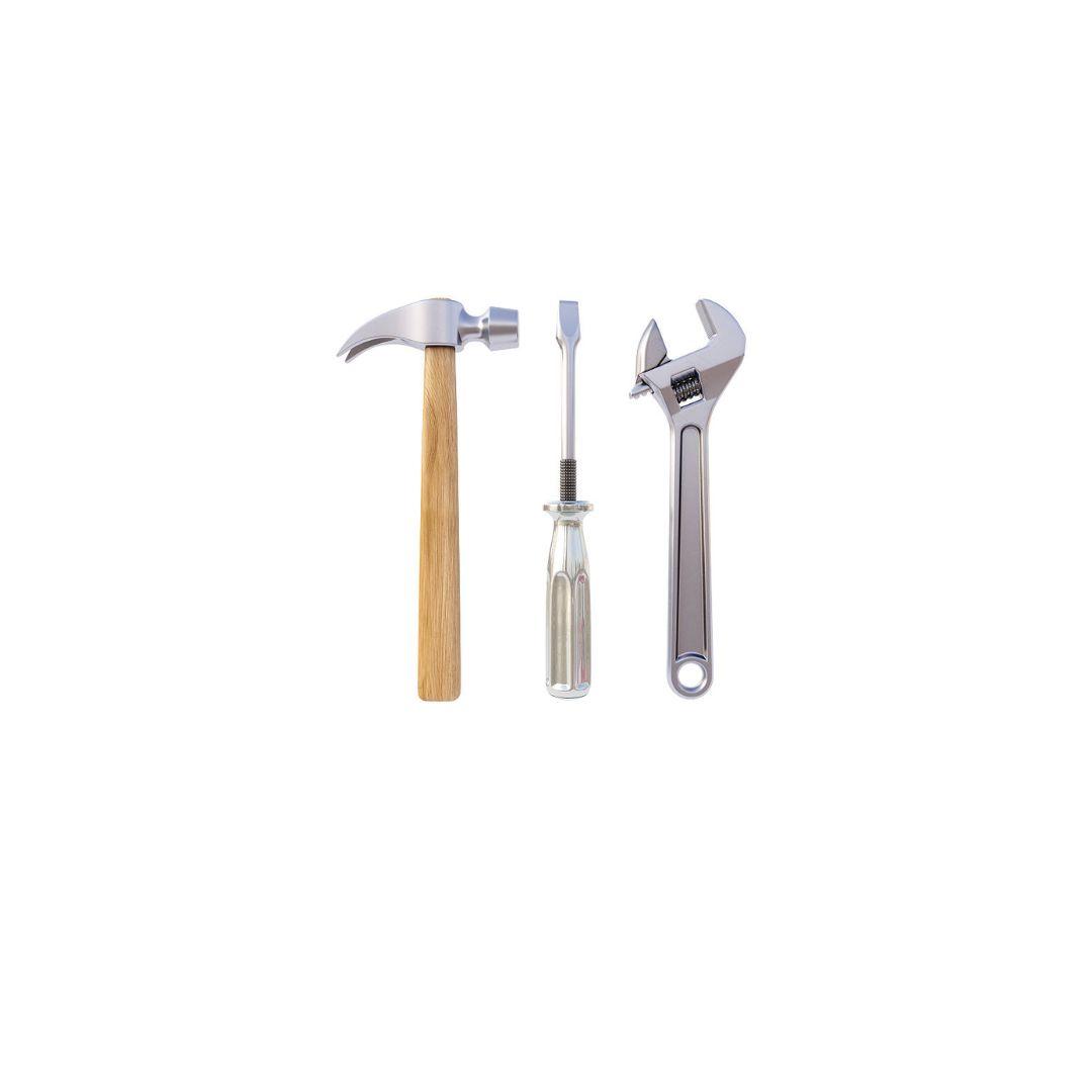 A hammer, screwdriver, and wrench.