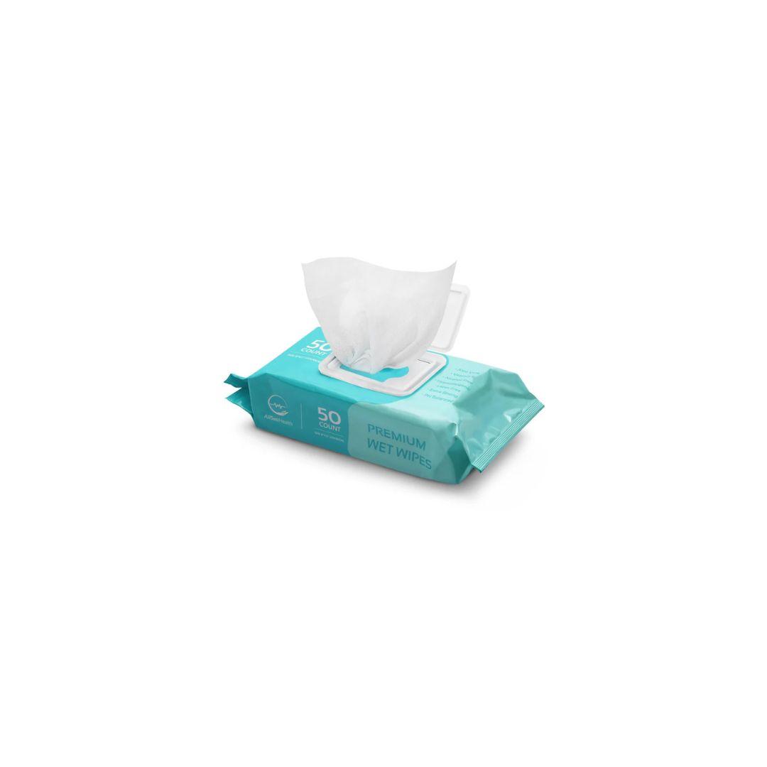 A blue package of wipes.