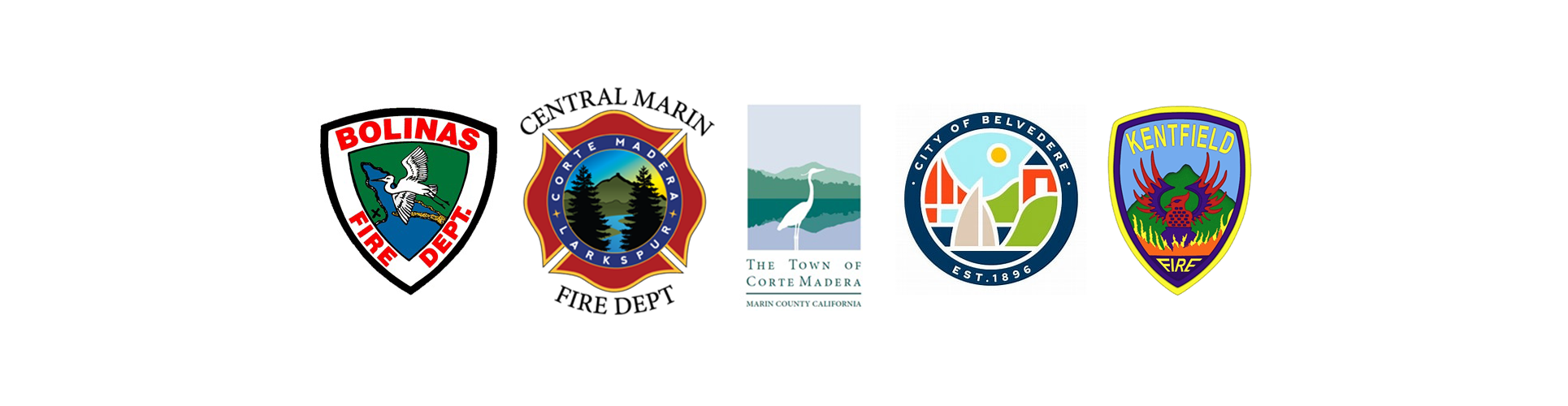 Logos for Bolinas Fire Department, Central Marin Fire Department, Corte Madera, Belvedere, Kentfield Fire.
