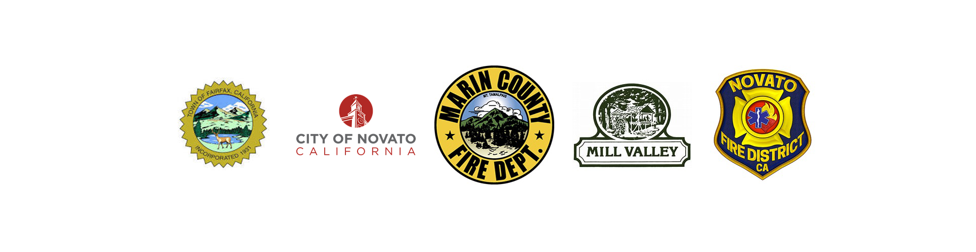Logos for Fairfax, Novato, Marin County Fire Department, Mill Valley, Novato Fire District.