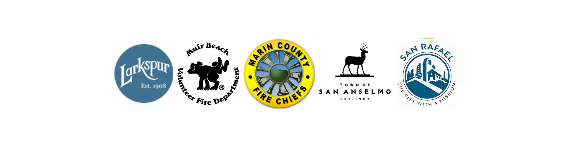 Logos for Larkspur, Muir Beach Volunteer Fire Department, Marin County Fire Chiefs, San Anselmo, San Rafael.