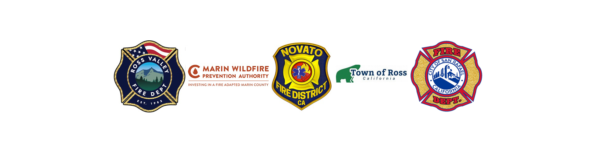 Logos for Ross Valley Fire Department, Marin Wildfire Prevention Authority, Novato Fire District, Ross, San Rafael Fire Department.