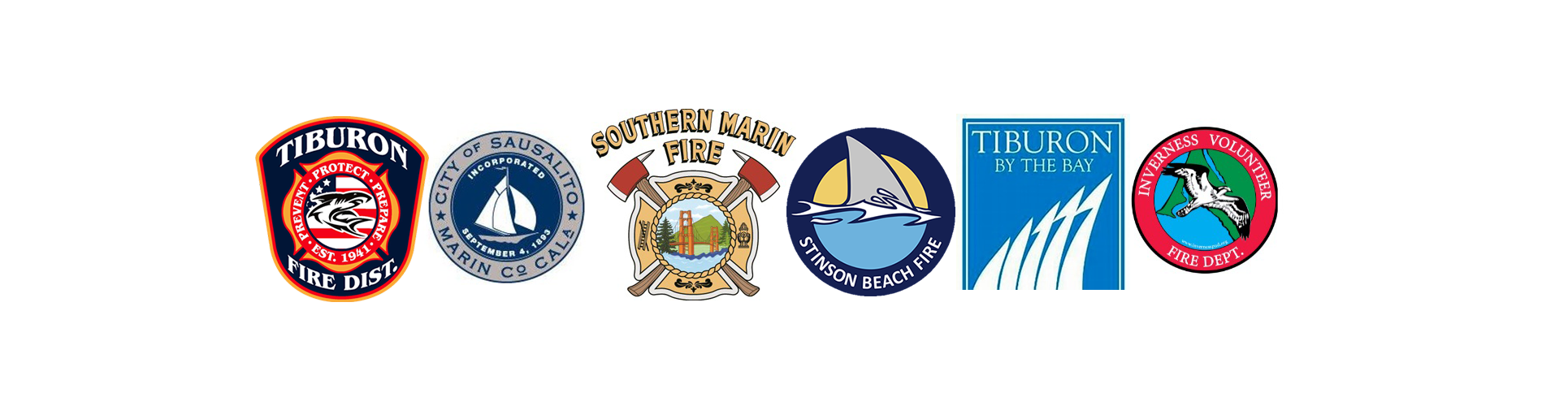 Logos for Tiburon Fire District, Sausalito, Southern Marin Fire, Stinson Beach Fire, Tiburon by the Bay, Inverness Volunteer Fire Department.