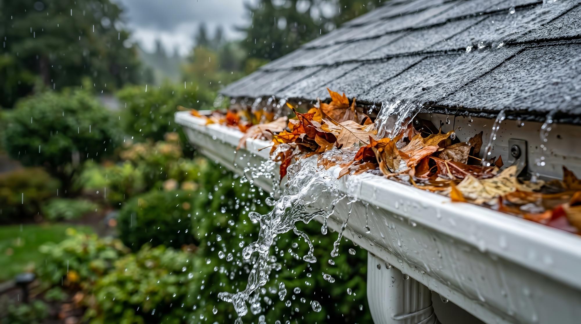 A repaired rain gutter discharging water from a house roof in a rainy setting.